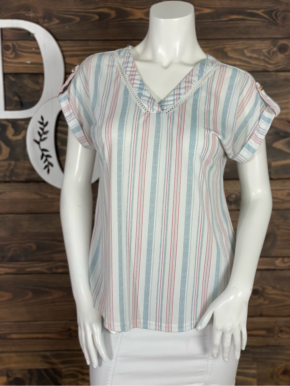 Fifty Street | Lattice Lace Striped V-Neck Short Sleeve Top Patriotic Blue Red